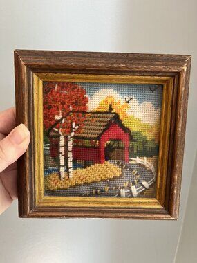 Vintage Needlepoint Red Covered Bridge Foliage Autumn Country Scene 6x6